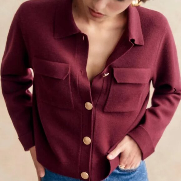 Sezane Sweaters - Sezane Betty Cardigan Gold / Burgundy - Size XL